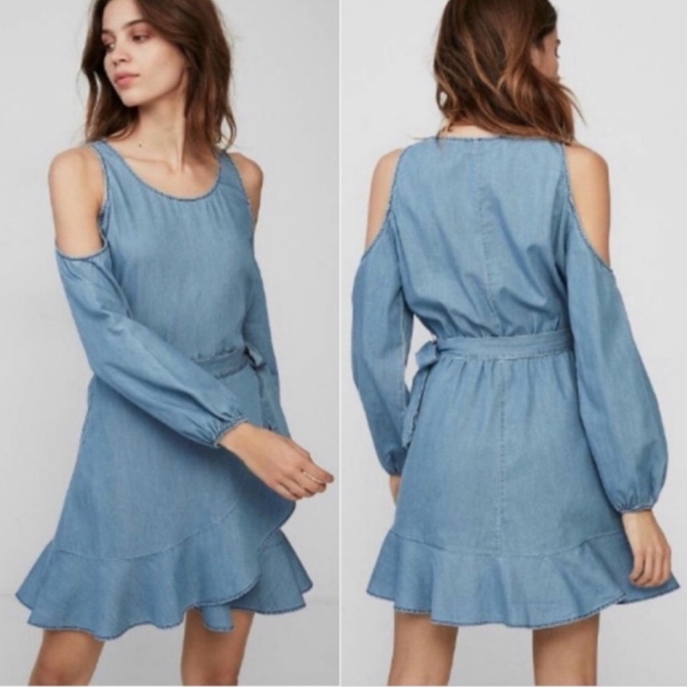 Express Light Wash Denim Cold Shoulder Ruffle Wrap Dress